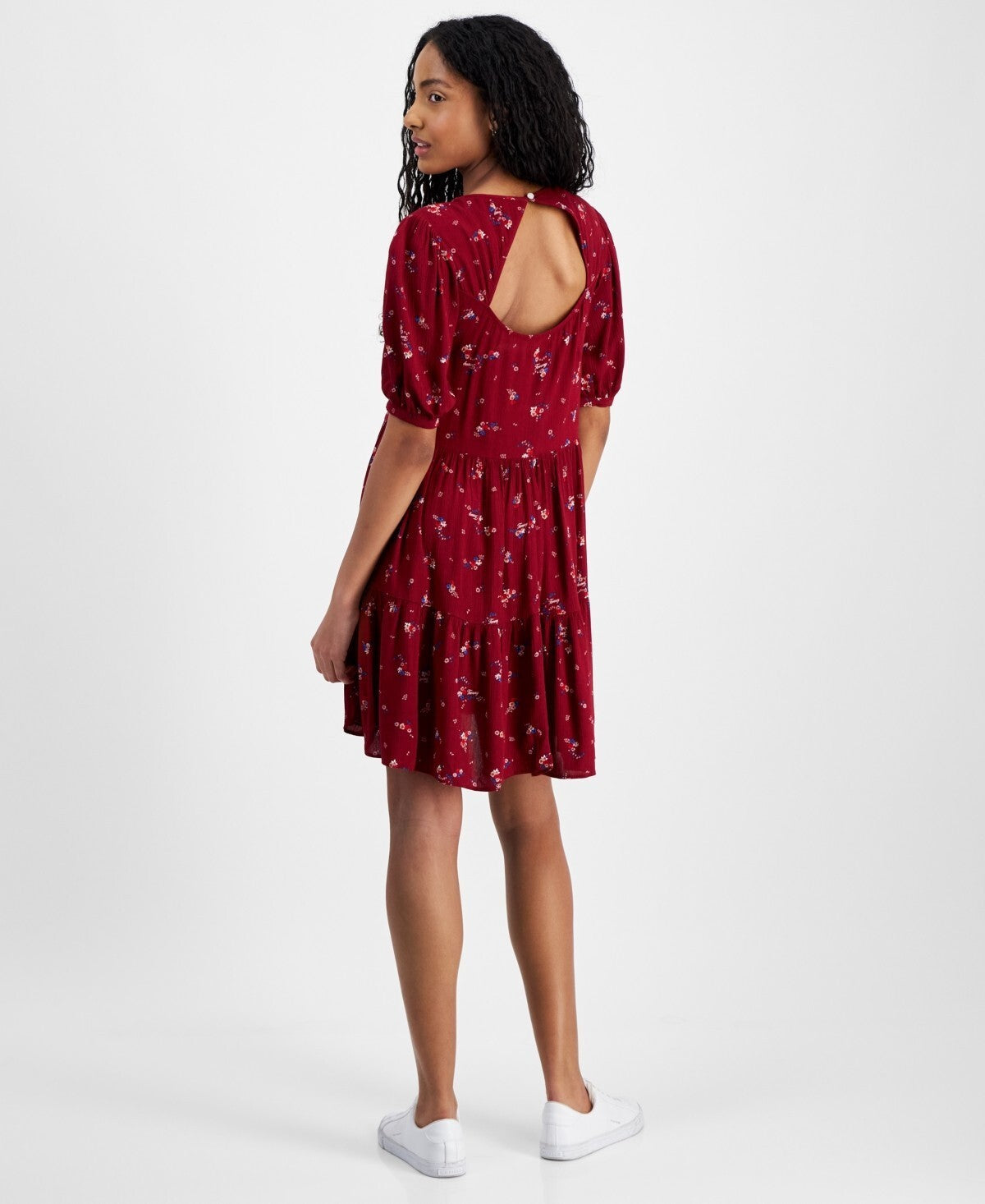 Tommy Jeans Womens Floral-Print Tiered A-Line Dress Red BURGUNDY Size L MSRP $90