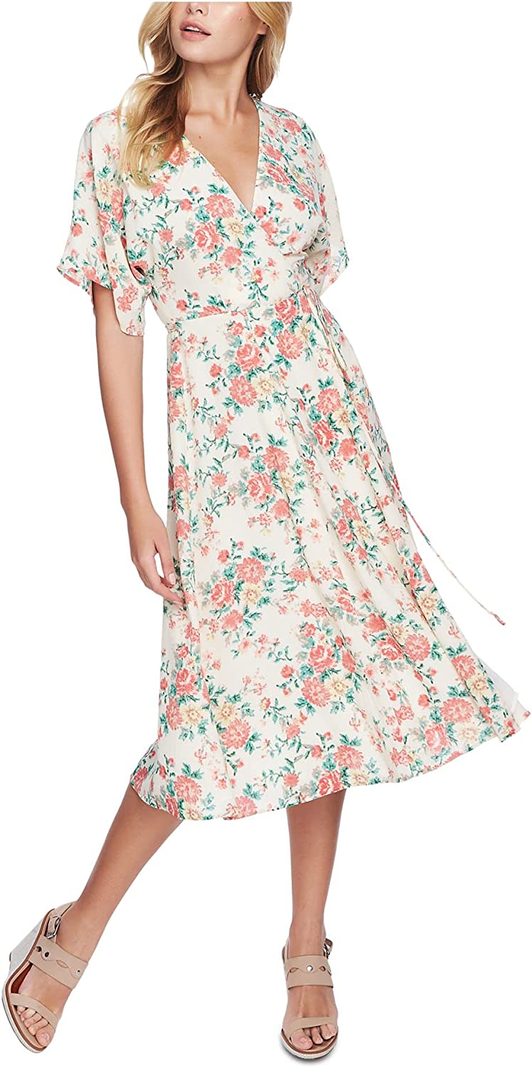 1.STATE Womens Ikat Bouquet Printed Wrap Dress, BRNOVERFLW, Size 2