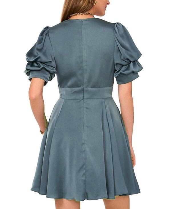 1.STATE Women's Tiered Bubble-Sleeve V-Neck Mini Dress Blue Size M