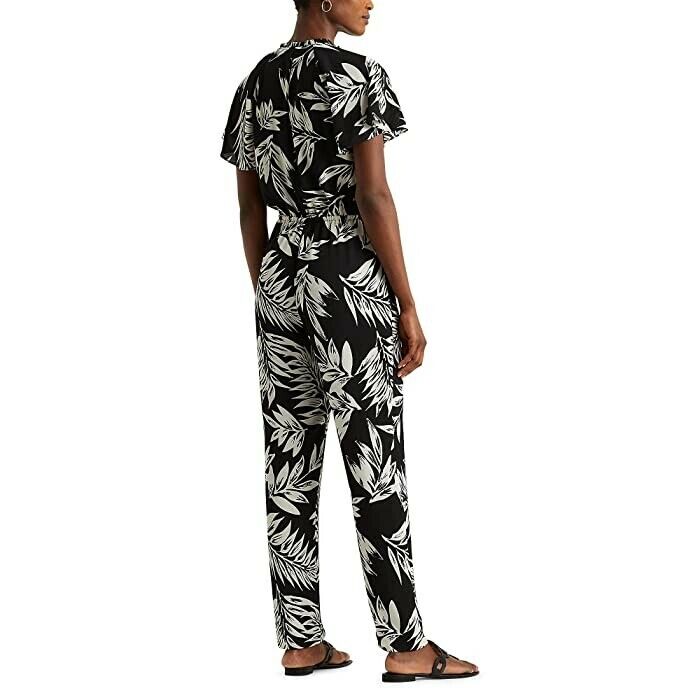 Lauren Ralph Lauren Palm-Print Crepe Jumpsuit Black Gray Size 2 MSRP $165