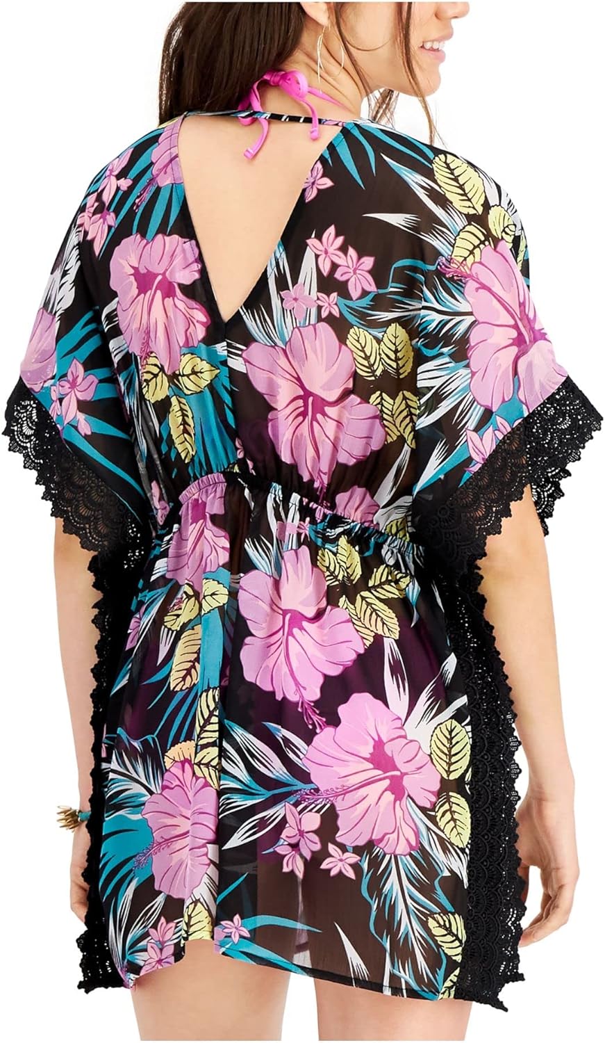 Miken Juniors Lace-Inset Tie-Front Kimono Cover-up, Swimsuit - Tropical Multi M