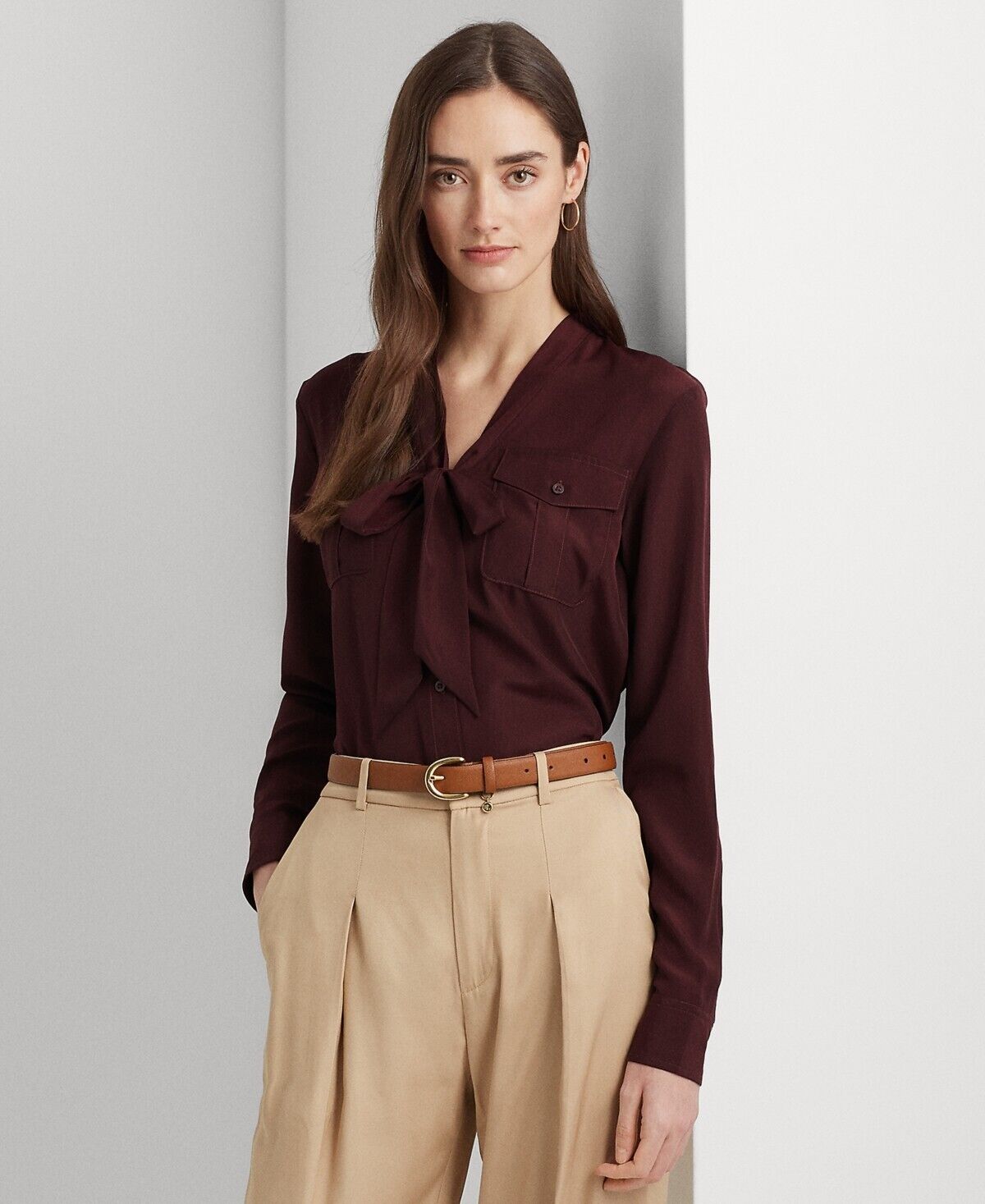 LAUREN Ralph Lauren Crepe Tie-Neck Shirt (Red Burgundy) Womens Size M MSRP $125