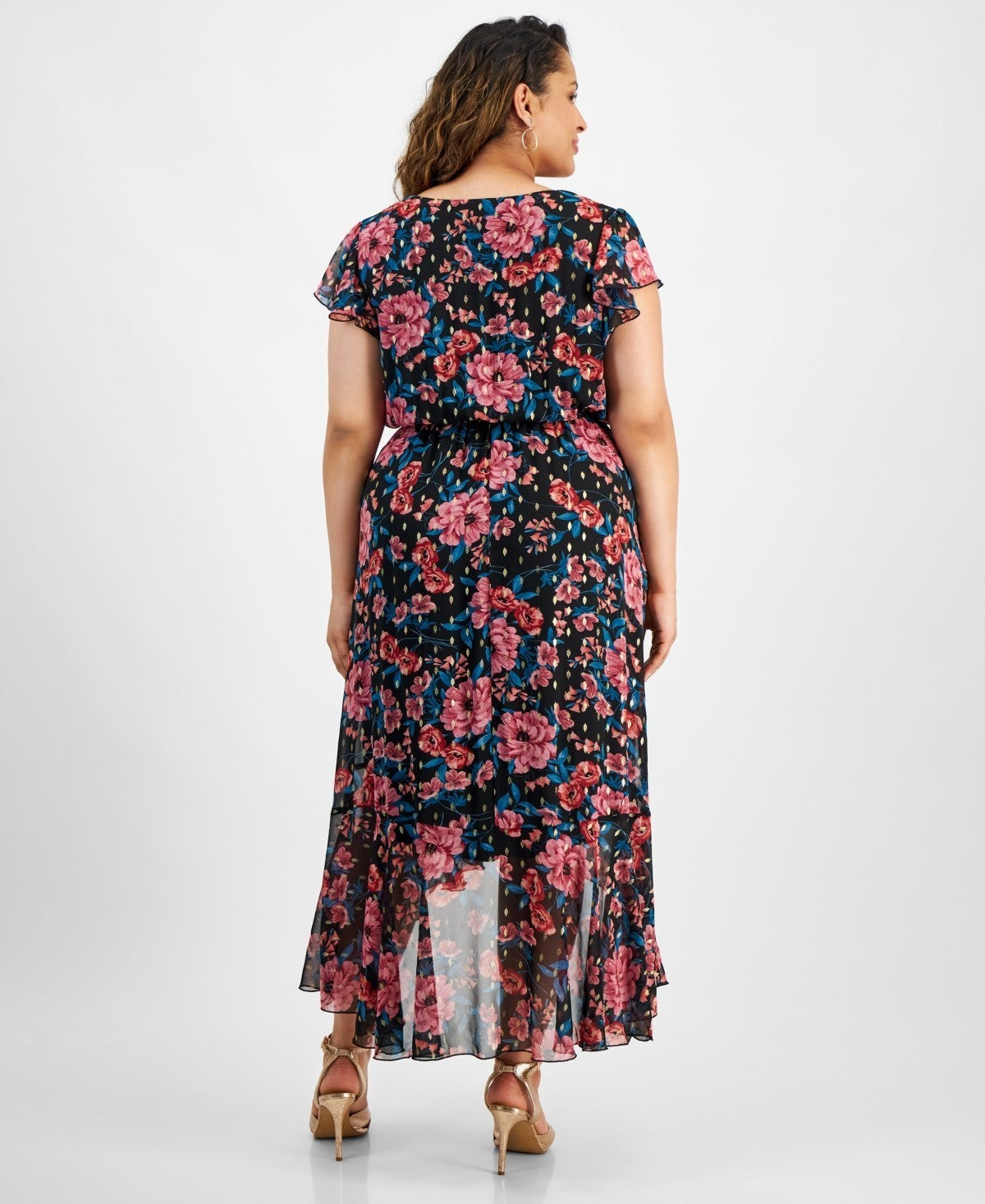 City Studios Floral Flutter-Sleeve Faux-Wrap Midi Dress Black Plus Size 2X $99