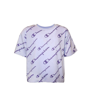 Champion Big Girls Script All Over Print Boxy T-shirt Purple Size L