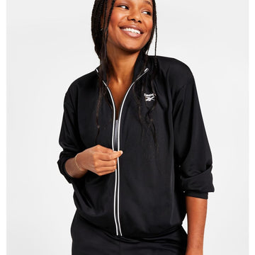 Reebok Womens Logo Tricot Long-Sleeve Jacket Zipper Black Size L Black MSRP $55