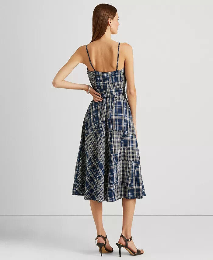 LAUREN RALPH LAUREN Patchwork Cotton Sleeveless Dress Blue Size 14 MSRP $265