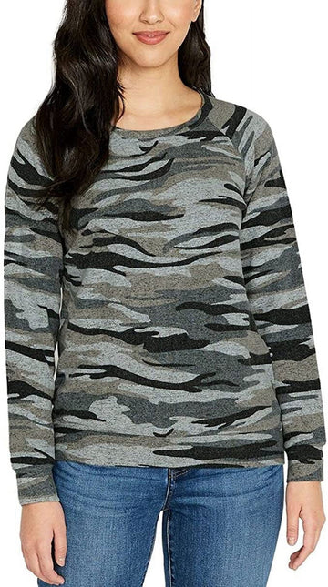Buffalo Jeans Women's Printed Cozy Streetwear Top, Heather Gray Camo Size M