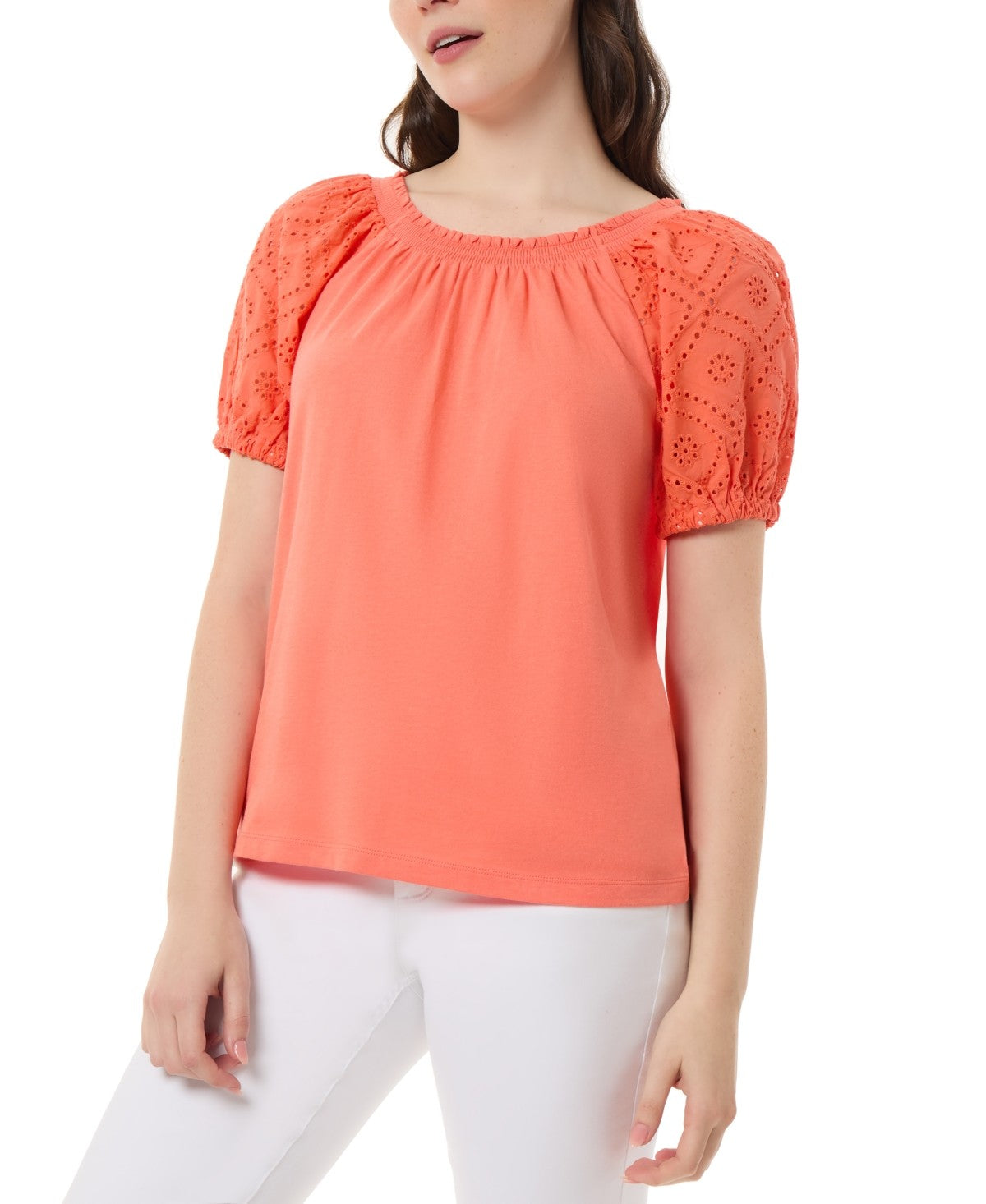 Jones New York Womens Petites Emrbroidered Smocked Pullover Top Size PM Orange