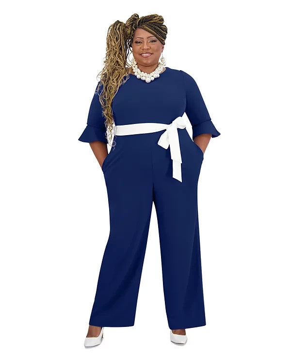 Kasper Women's Boat-Neck 3/4-Ruffle-Sleeve Jumpsuit Blue Size S MSRP $129