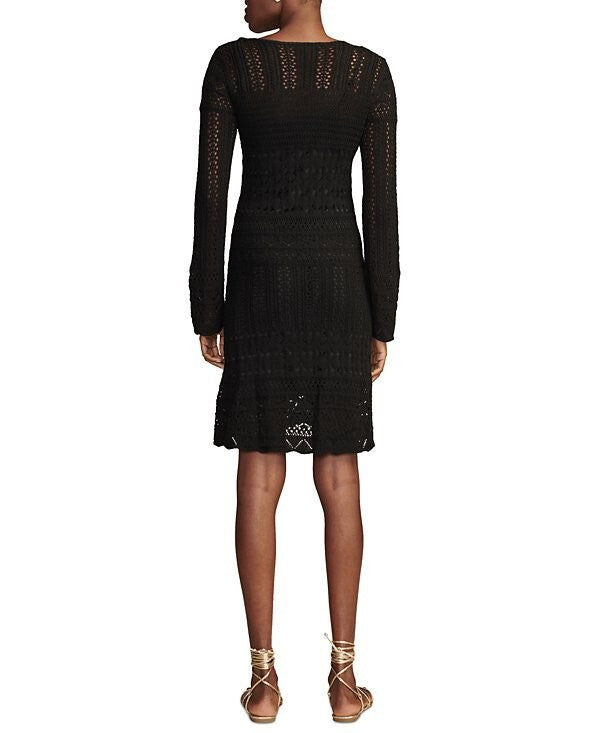 Lucky Brand Women's Cotton Long-Sleeve Lace-Up Crochet Dress Black Size S $149
