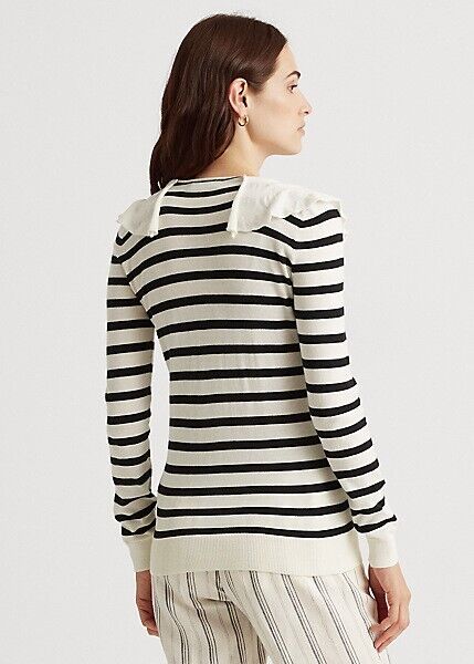 Lauren Ralph Lauren Women Striped Ruffled Cardigan Ivory Black Size S MSRP $125