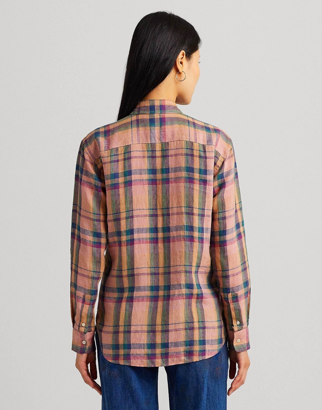 LAUREN RALPH LAUREN CHECKED PLAID LINEN SHIRT Pink Size M MSRP $145