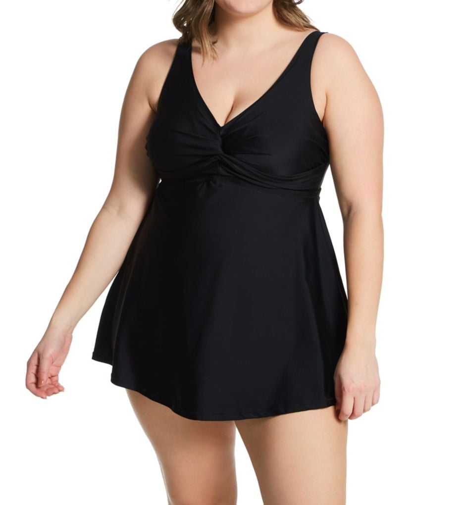Raisins Curve Plus Size Atlantic Solids Lucia Plunge Swim Dress Black Size 18W