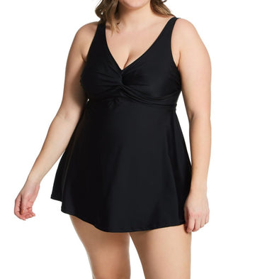 Raisins Curve Plus Size Atlantic Solids Lucia Plunge Swim Dress Black Size 18W