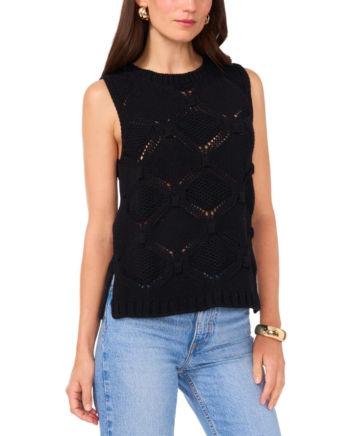 Vince Camuto Women's Crewneck Sleeveless Open-Stitch Sweater Black Size M