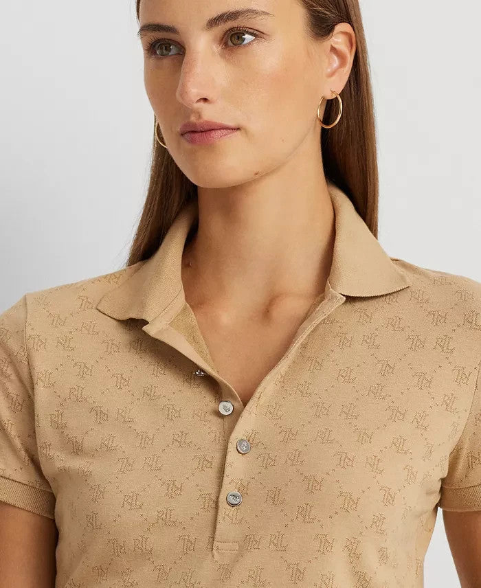 Lauren Ralph Lauren Women's Logo Jacquard Polo Shirt Beige Tan Size L MSRP $115