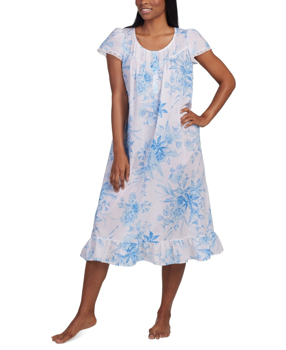 Miss Elaine Women's Cotton Floral Ruffled Nightgown Blue Size M MSRP $72