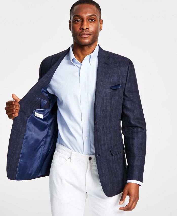 Bar III Mens Slim Fit Windowpane Sport Coat Navy Blue Windowpane Size 42L