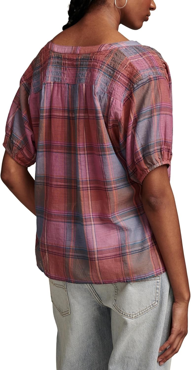 Lucky Brand Women's Cotton Plaid Smocked-Shoulder Blouse Pink Size M MSRP $80