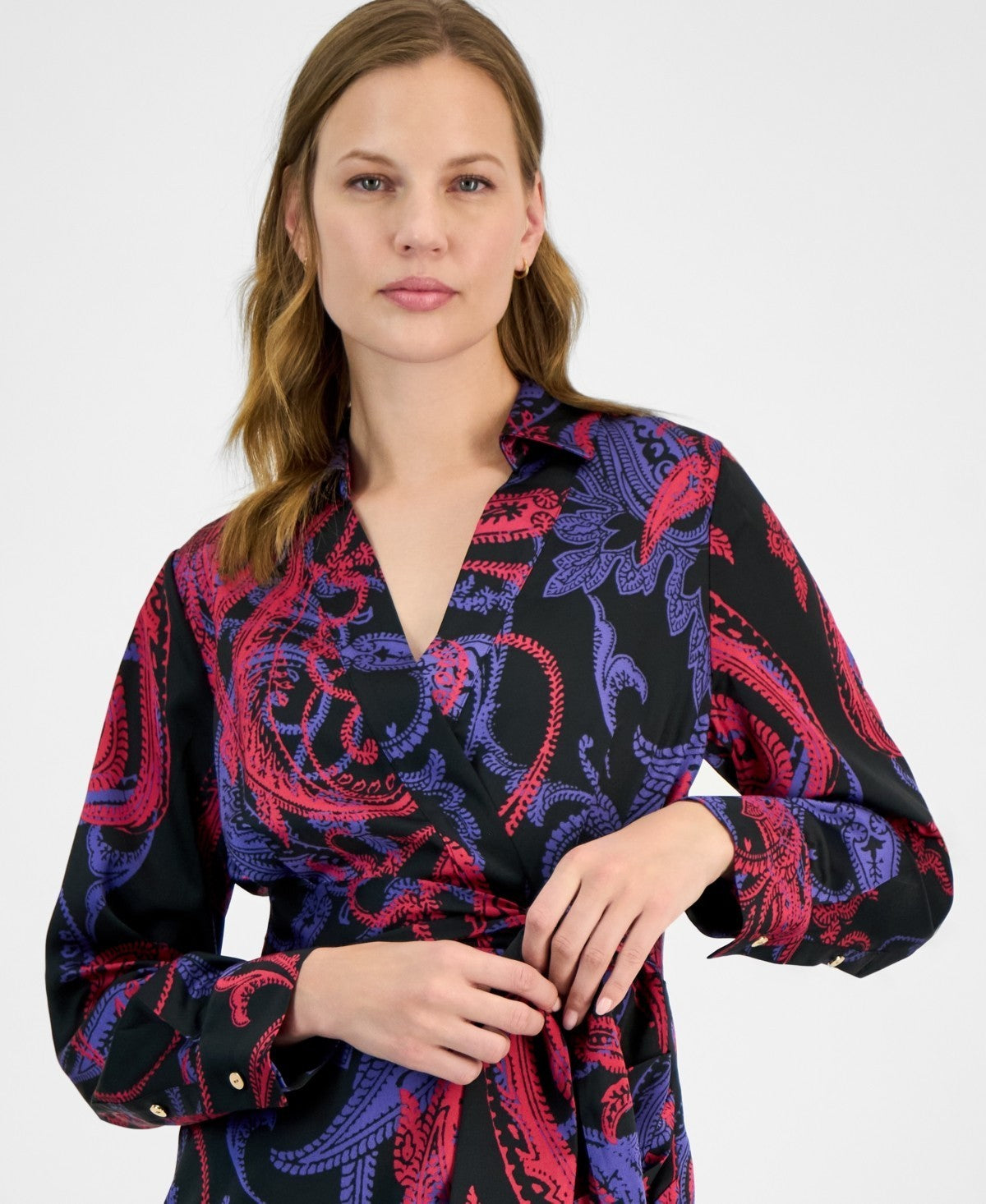 Tahari ASL Women's Printed Faux-Wrap Dress Black Blue Size 16 MSRP $139