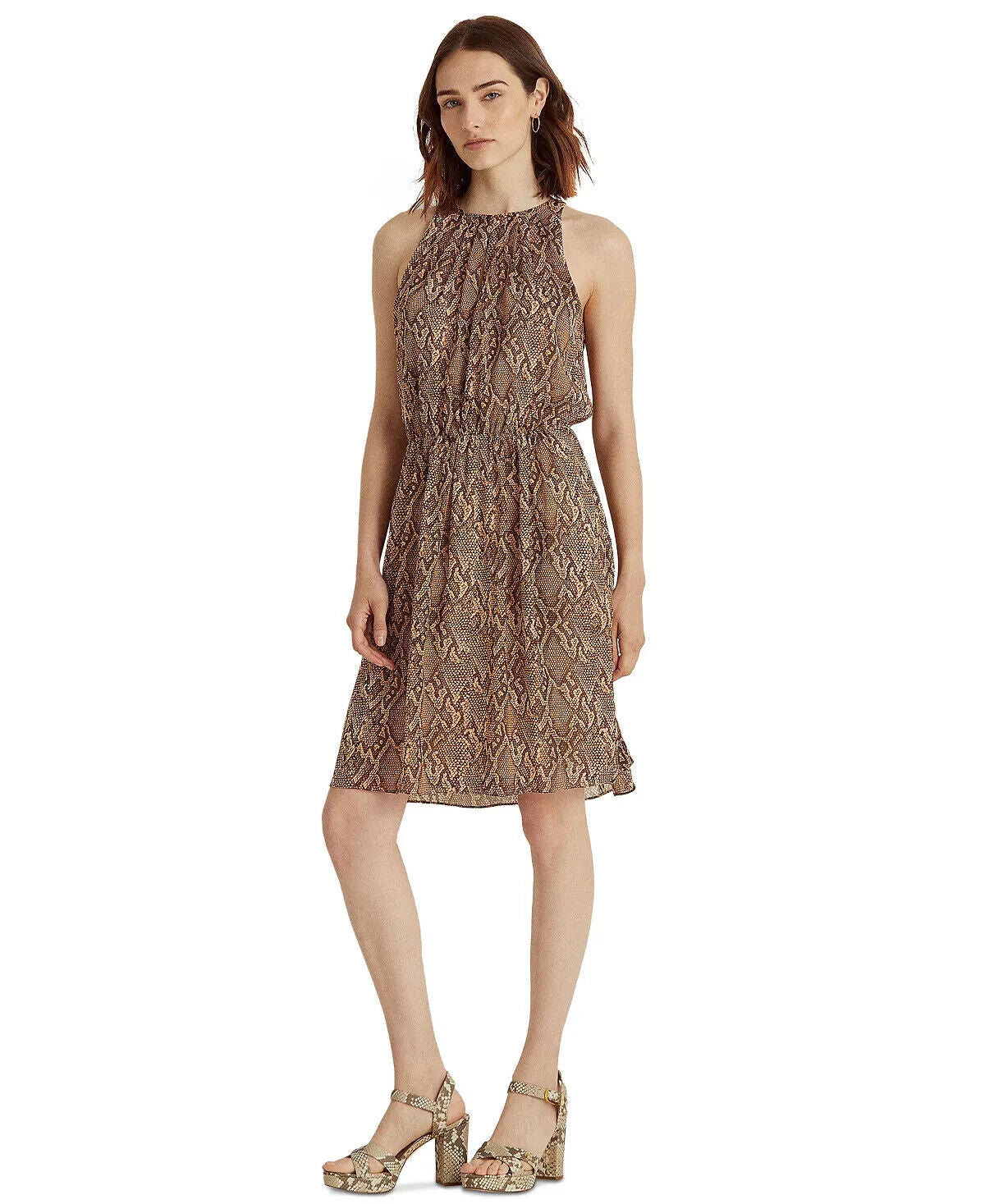 LAUREN RALPH LAUREN Python-Print Georgette Dress Brown Size 8 MSRP $135