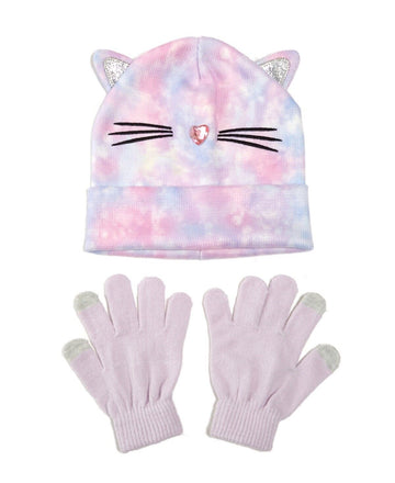 Love2Design Little Girls Tie Dye Cat 2 Piece Set Gloves + Hat Purple Pink