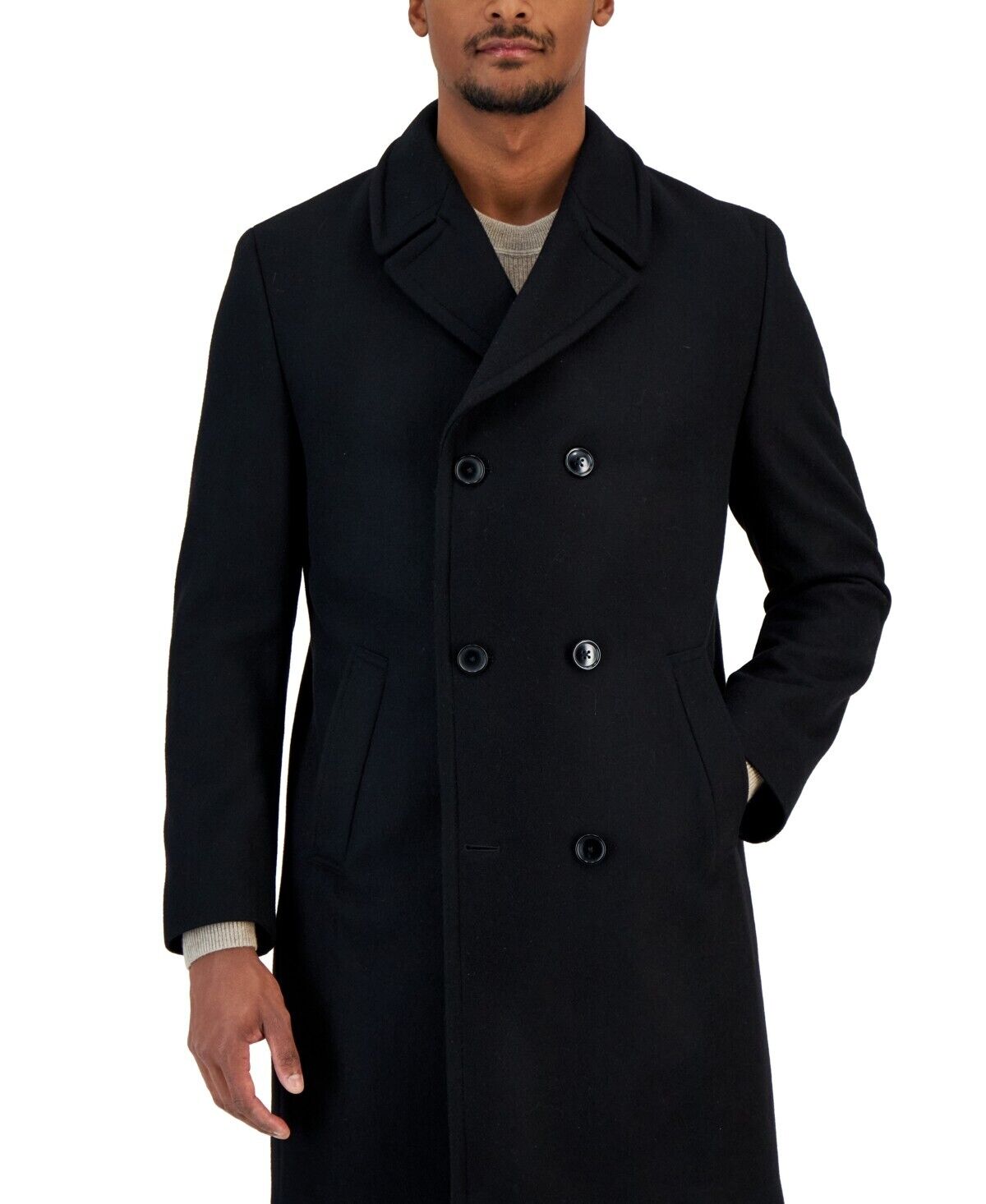 Nautica Men's Classic-Fit Double Breasted Wool Overcoat Black Size 48L MSRP $395