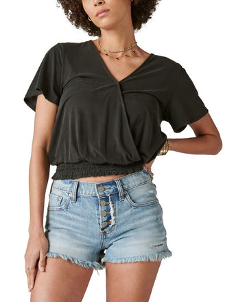 Lucky Brand Women's Printed Floral Surplice Top Black Size XS MSRP $70