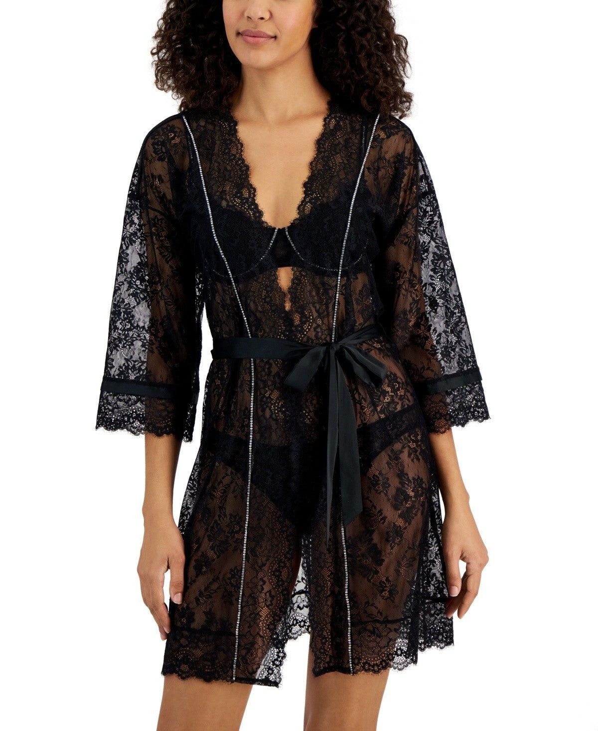 I.N.C. Women's Embellished Lace Robe Black Size XL MSRP $65