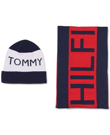 Tommy Hilfiger Mens Needle Knit Vertical Flag Scarf + Flag Hat Set OS B4HP Black
