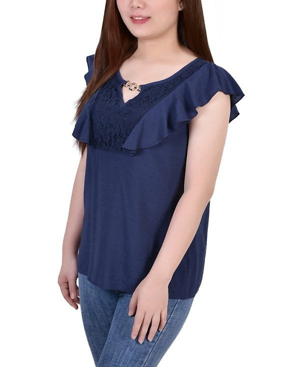 NY Collection Petite PM Sleeveless Flutter Yoke Blouse NAVY $42