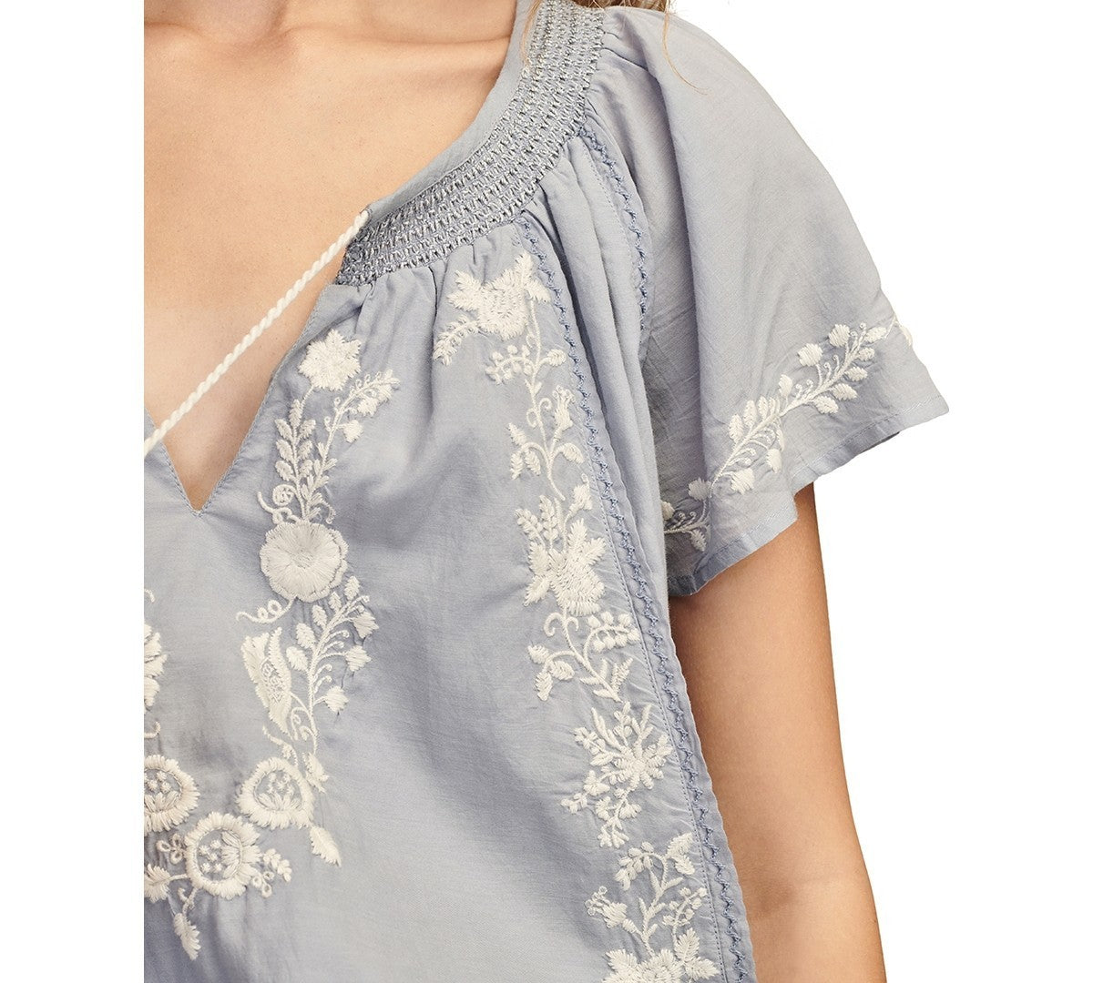 Lucky Brand Women's Embroidered Flutter-Sleeve Top Blue Size XL MSRP $90