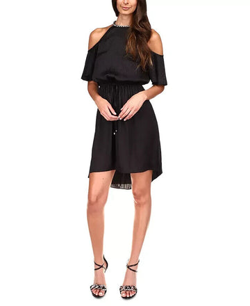 Michael Kors Cold-Shoulder Chain-Neck Dress Black Size L MSRP $140