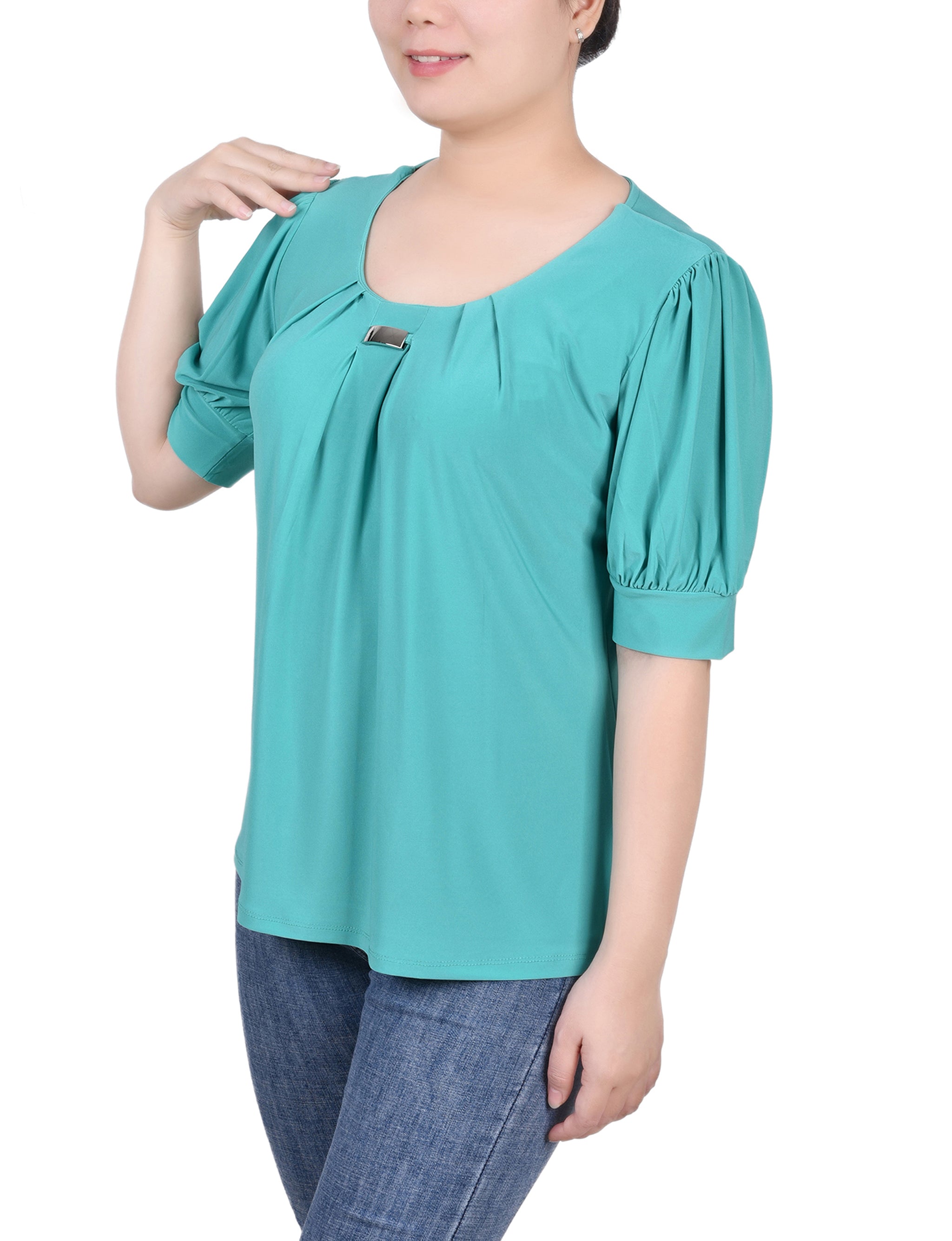 NY Collection Women's Petite Short Sleeve Balloon Sleeve Top Green Size PL