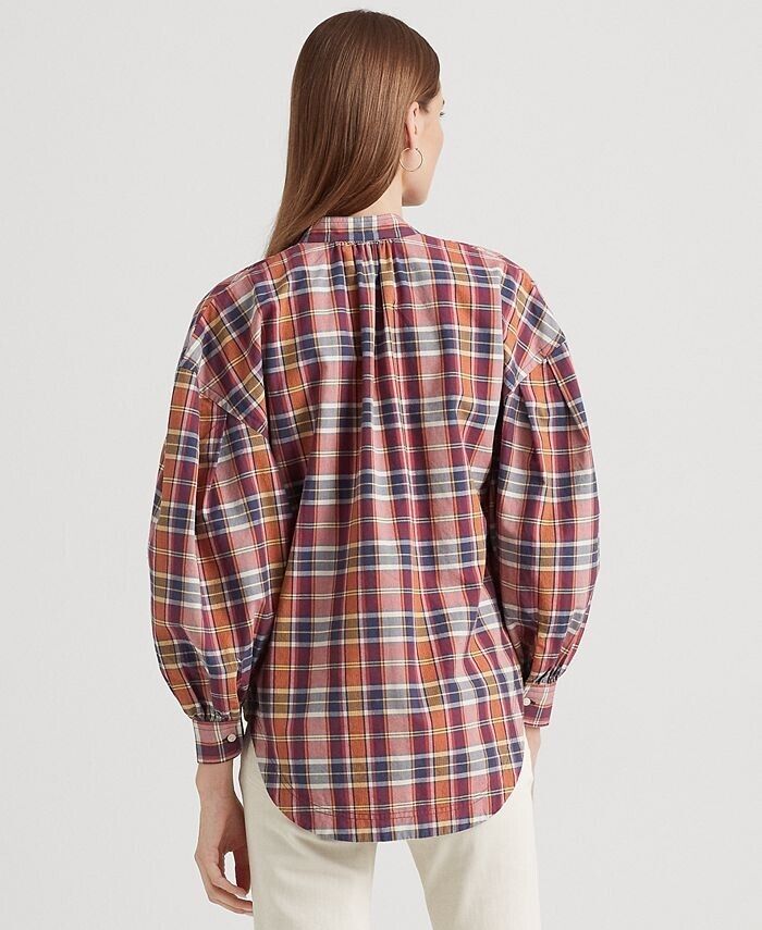 LAUREN RALPH LAUREN Women's Cotton Madras Tie-Neck Blouse Pink Size M MSRP $115