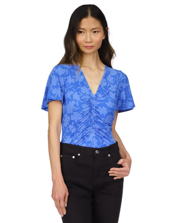 Michael Kors Women's Printed Ruched Flutter-Sleeve Top Blue Size XS MSRP $88