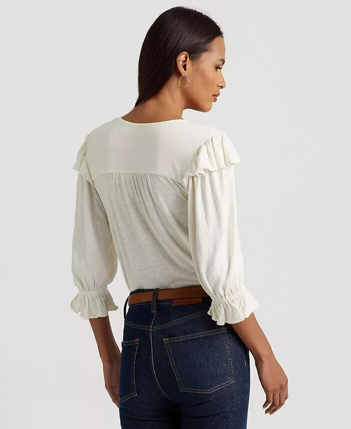 Lauren Ralph Lauren Women Ruffle-Trim Jersey Top Mascarpone Cream Size L $115