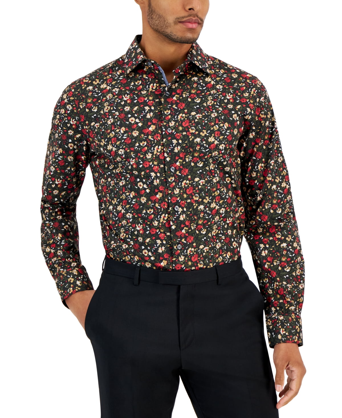 Bar Iii Men's Slim Fit Floral Button Up Dress Shirt Small Black Red