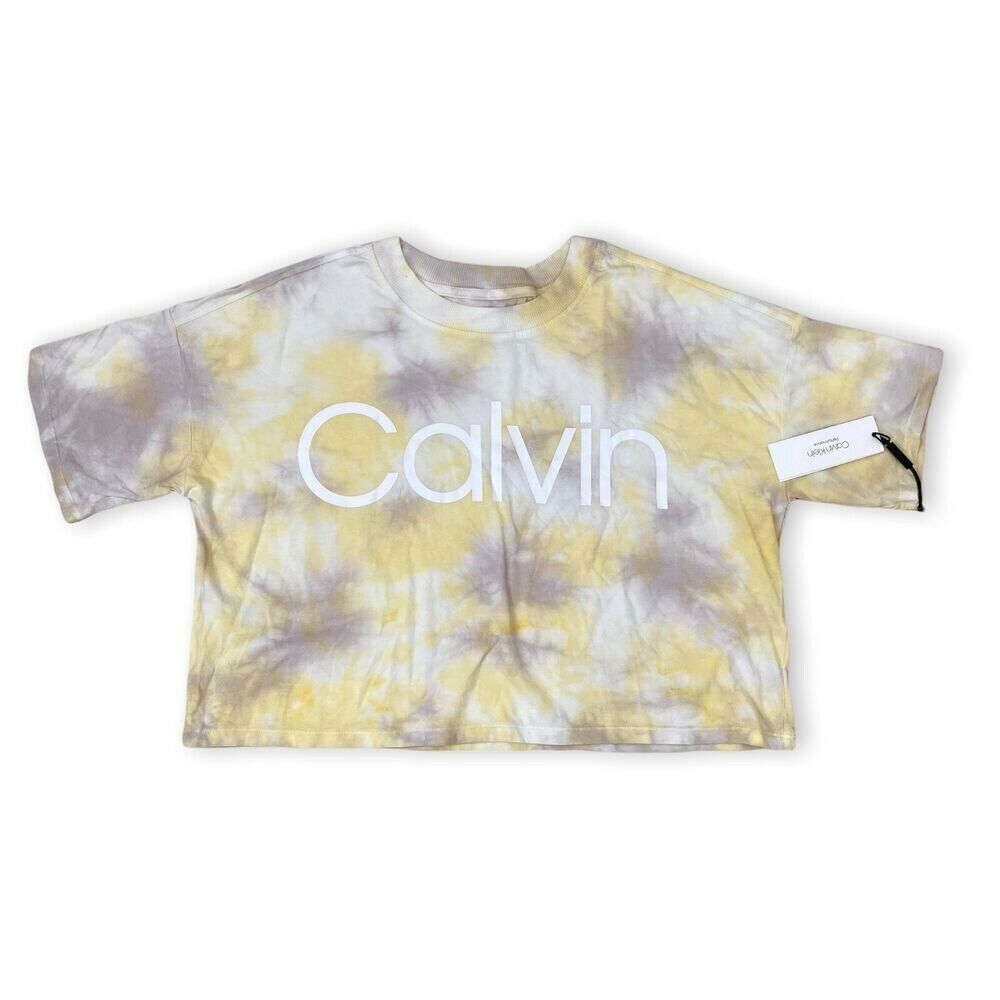 Calvin Klein Performance Cropped Tie-Dyed T-Shirt Gray Yellow Size L MSRP $45