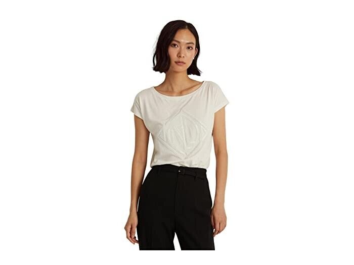 Ralph Lauren Sequined Art Deco Cotton-Blend Top Ivory Size Large MSRP $80