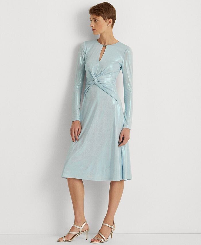 LAUREN RALPH LAUREN Long-Sleeve Foiled Jersey Dress Blue Size 14 MSRP $245