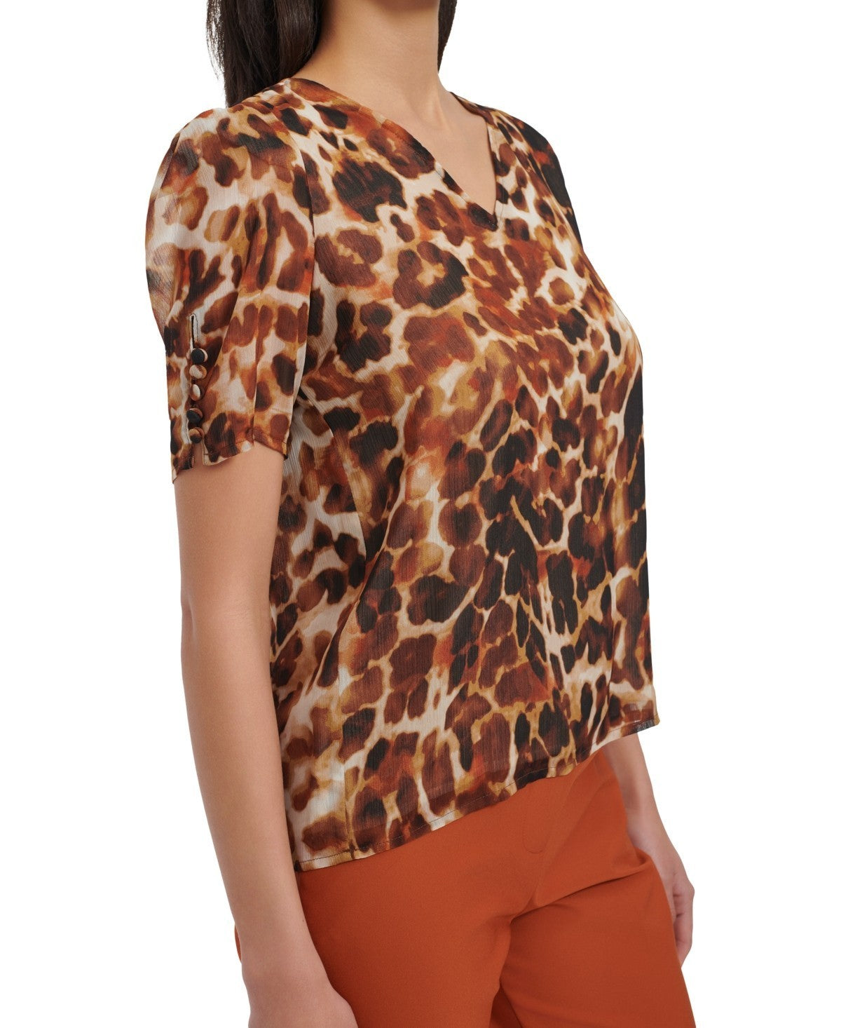 Calvin Klein Petite Animal Print Puff-Sleeve Blouse Size PS Brown MSRP $69