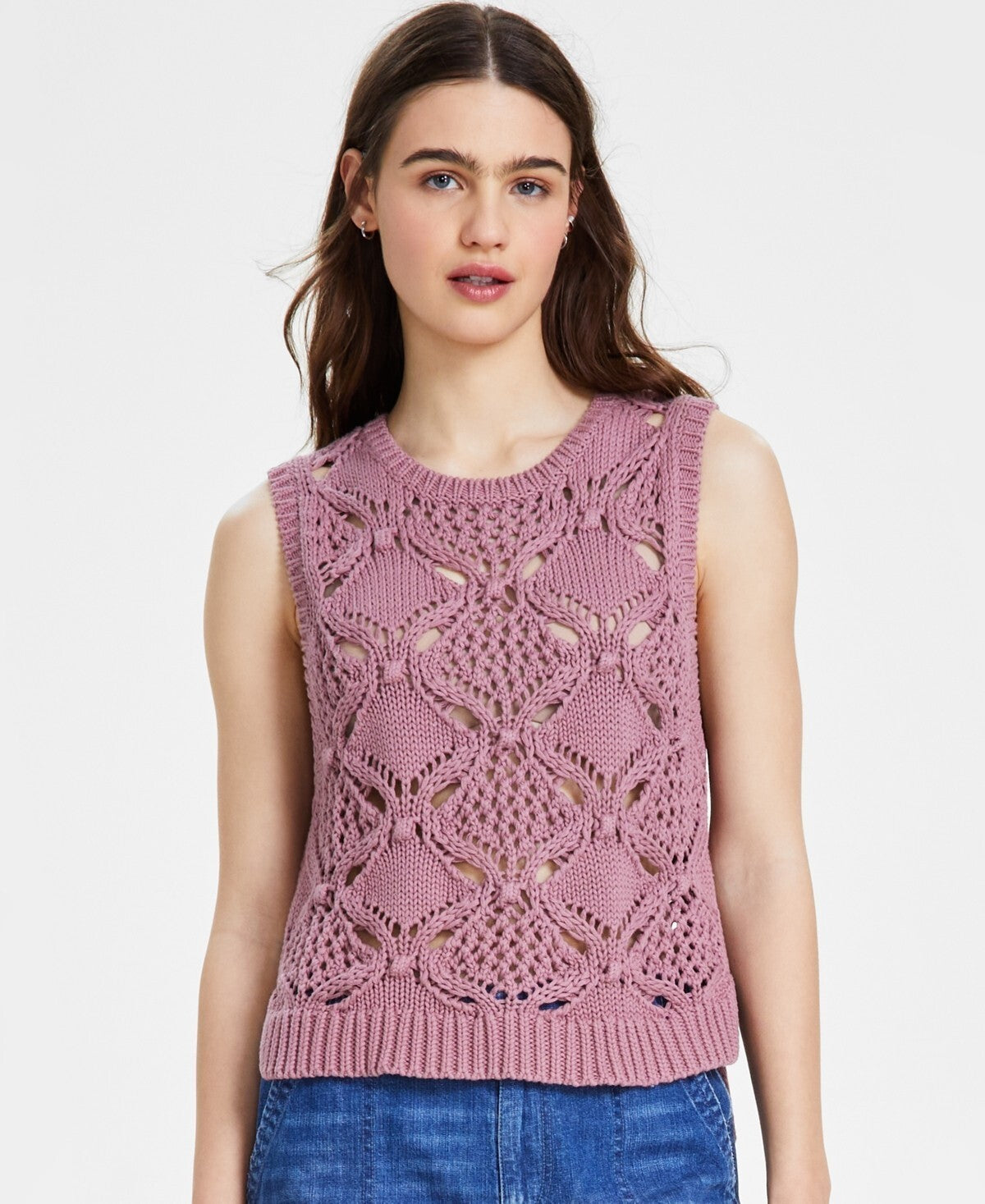 Lucky Brand Women's Diamond Crochet Cotton Sweater Vest Purple Size M MSRP $90