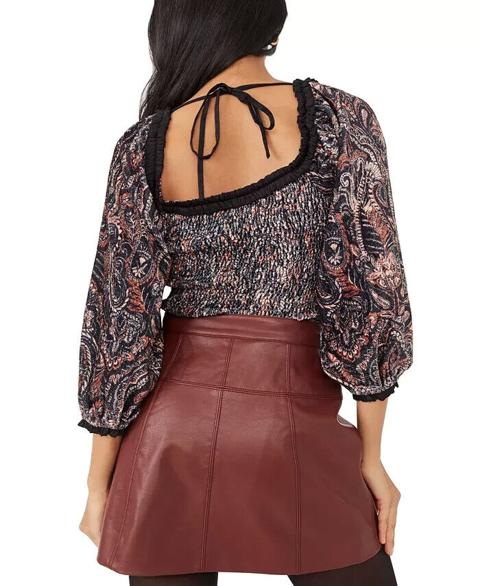 Free People Dare Me Tie-Back Velvet Blouse Navy Blue Orange Size XL MSRP $128