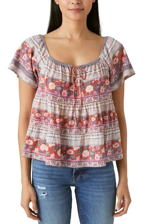 Lucky Brand Women's Tie-Neck Tiered Swing Top Brown Size M MSRP $60