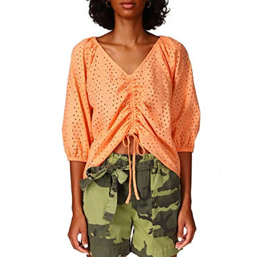 Sanctuary Womens Eyelet Ruched Blouse Orange Size L