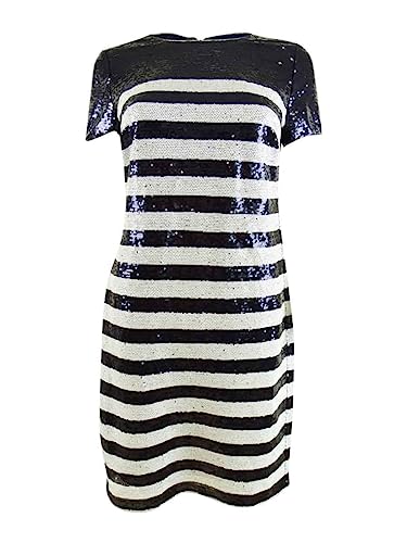 Lauren Ralph Lauren Women's Striped Sequined Cocktail Dress Size 12, Navy Cream