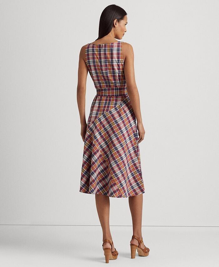 LAUREN Ralph Lauren Belted Cotton Madras Dress Purple Navy Size 10 MSRP $195