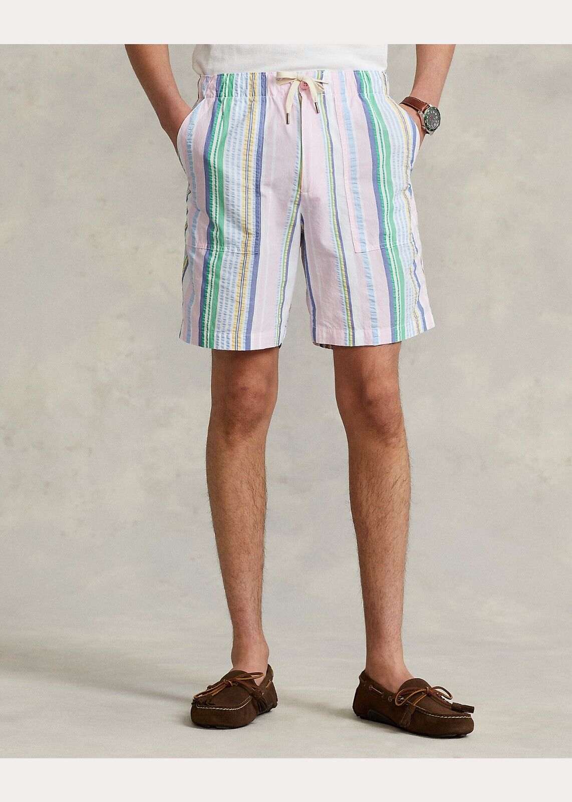 Polo Ralph Lauren 8-Inch Relaxed Fit Seersucker Short Pink Blue Size L MSRP $90