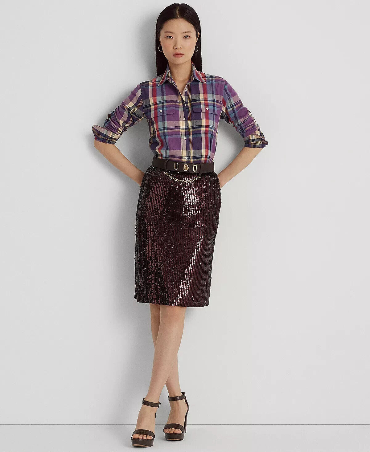 LAUREN RALPH LAUREN Women Sequined Tulle Pencil Skirt burgundy Size 18 MSRP $295